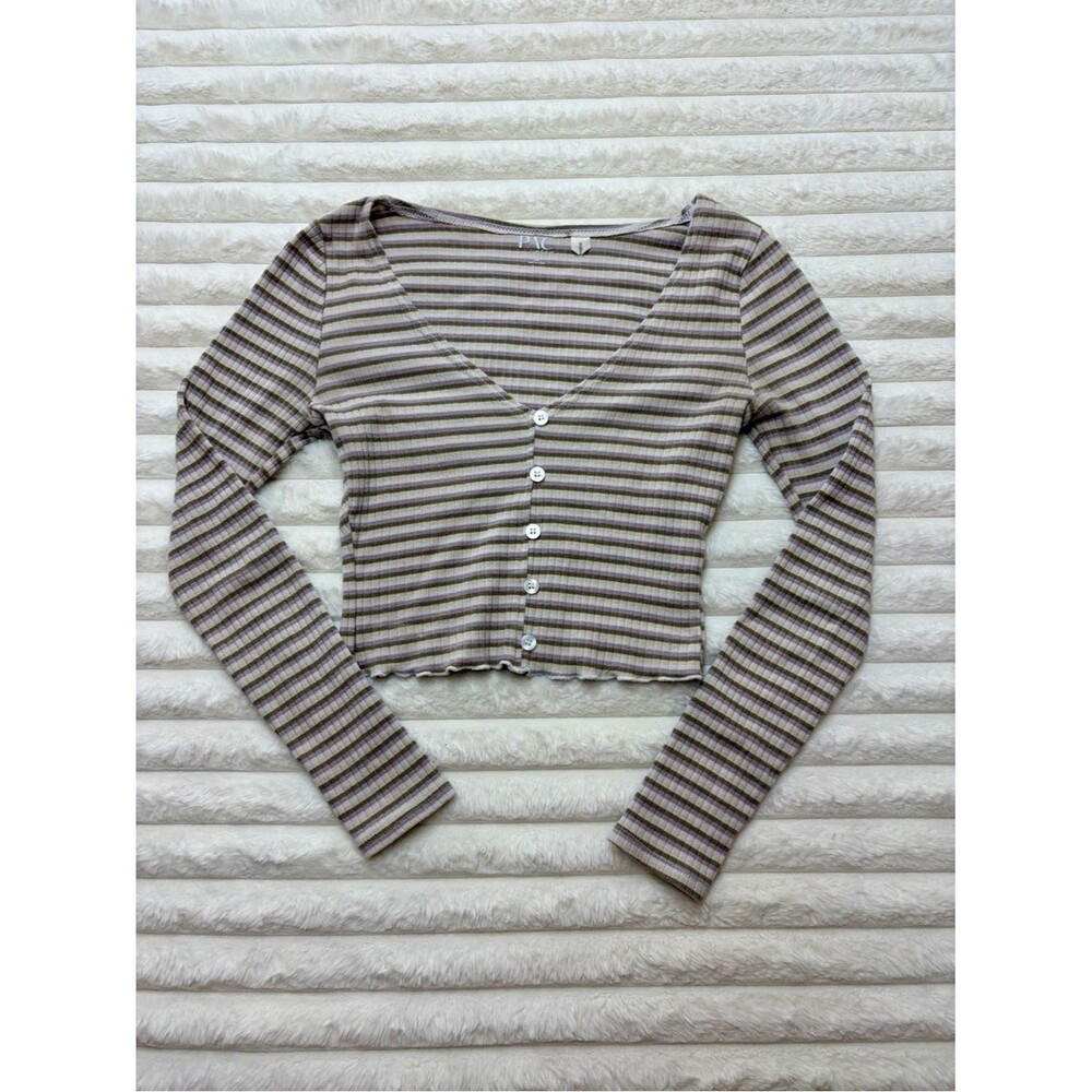 Women's Striped V-Neck Button Crop Top - Cream & Taupe Size XS